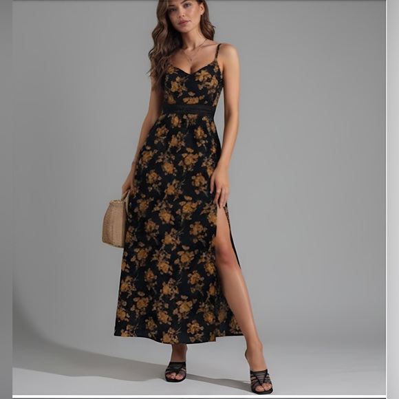 Black Boho Floral Print Split Thigh Cami Dress - Picture 4 of 9